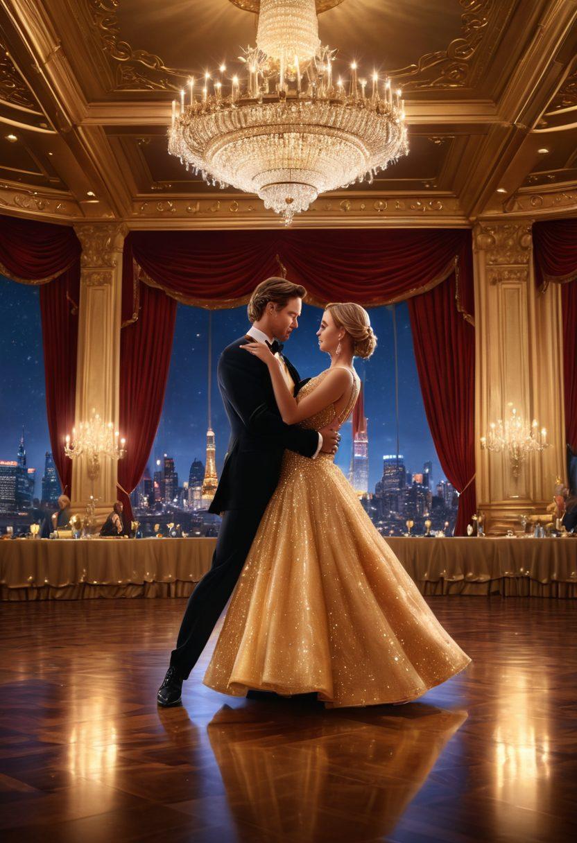 A glamorous ballroom scene filled with couples gracefully dancing under sparkling chandeliers, showcasing passionate connections amidst a vibrant atmosphere. The background features a stunning city skyline lit up at night, symbolizing the entertainment industry. Use bold colors to highlight the elegance of formal attire and the warmth of intimate moments. super-realistic. vibrant colors. 3D.