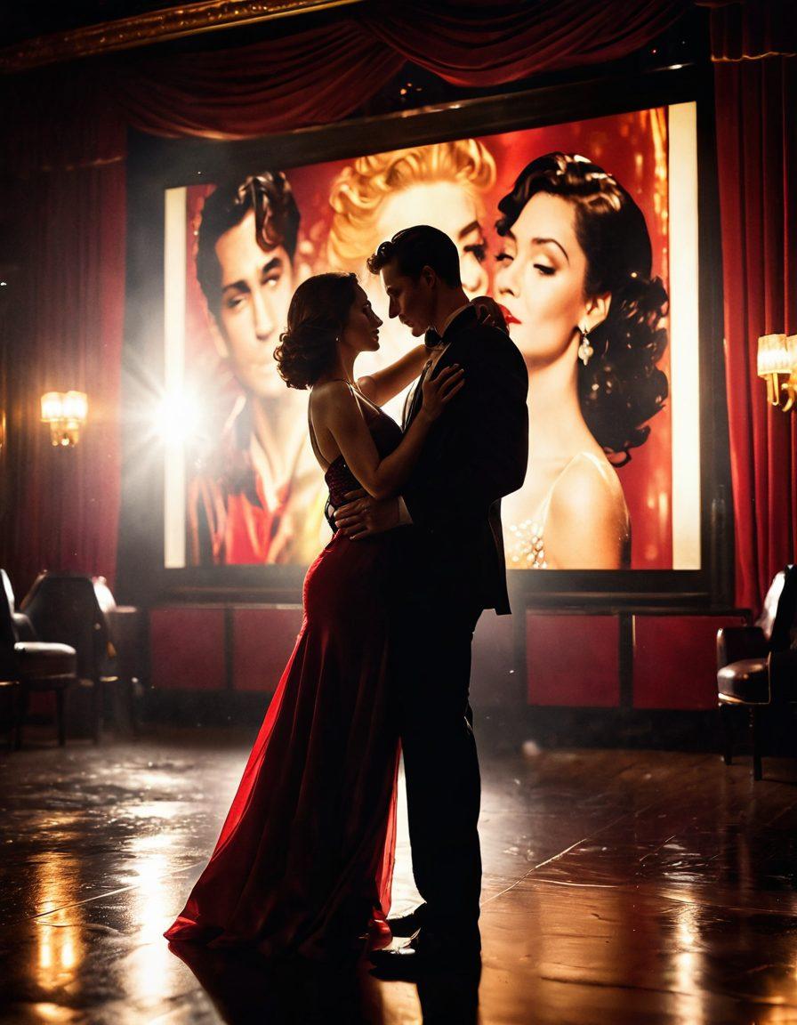 A sultry and glamorous scene set in a dimly lit, alluring theater, showcasing a couple locked in a passionate embrace under shimmering spotlights. Surrounding them are glamorous movie posters and soft-focus silhouettes of onlookers entranced by the moment. Rich reds and golds dominate the color palette, enhancing the romantic yet seductive vibe of the entertainment industry. The atmosphere is thick with allure, inviting the viewer into a world of desire. cinematic, super-realistic, vibrant colors.